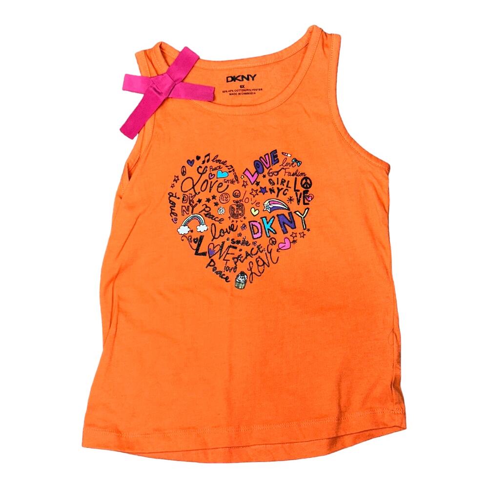 DKNY little girl's orange tank top heart logo bow tie size 6X